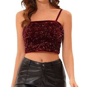 Allegra K Burgundy Sequin Crop Top